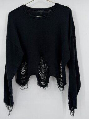SEN Black Distressed Cropped Sweater Size 1 Grunge Edgy Raw Hem Destroyed Knit